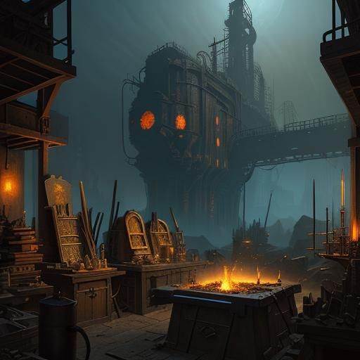 Medieval Blacksmith at Anvil in Grimy Fantasy Workshop