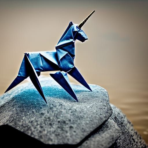 Origami Unicorn in Rainy Cyberpunk Lake at Dawn