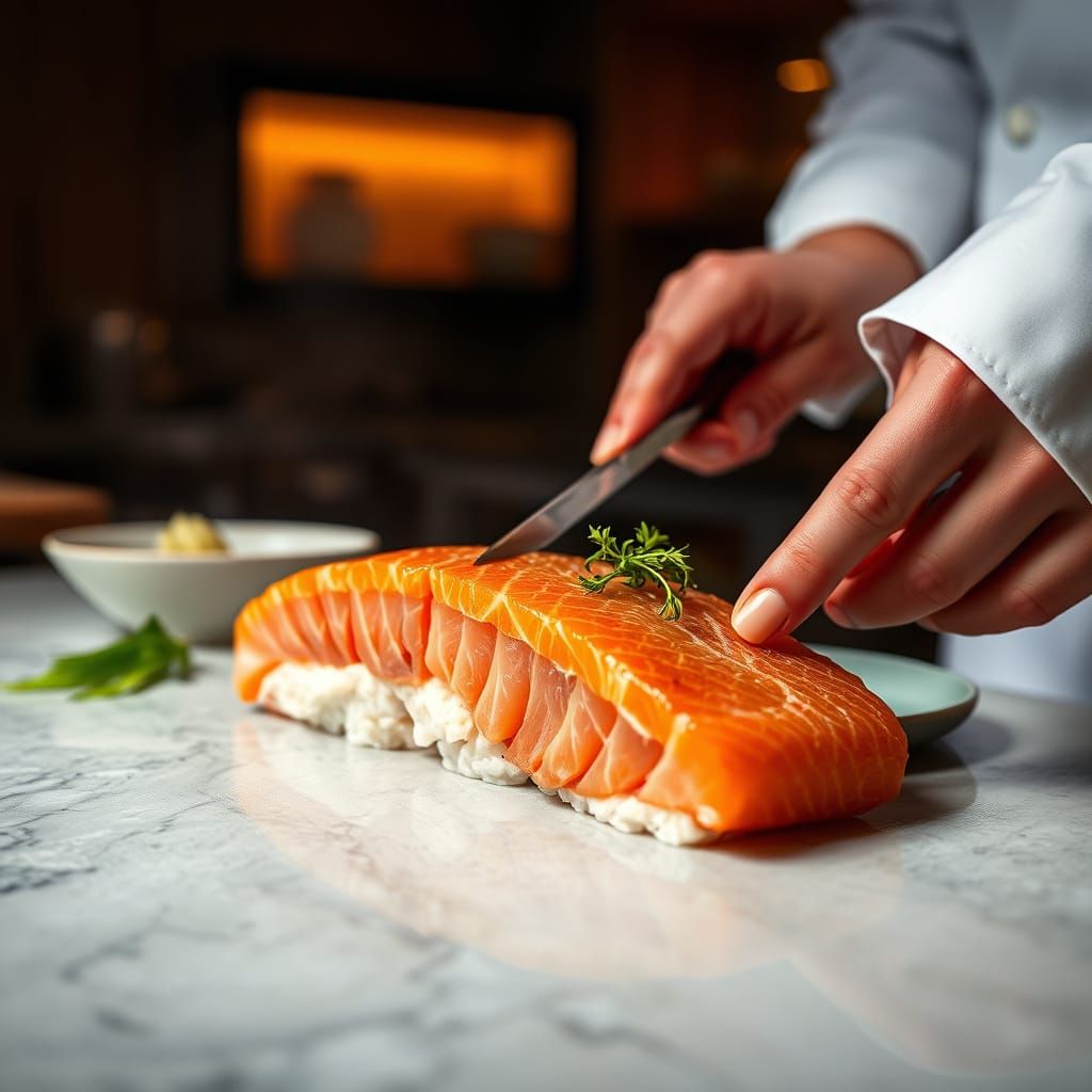 Salmon Sushi Prep in Impressionist Japanese Kitchen