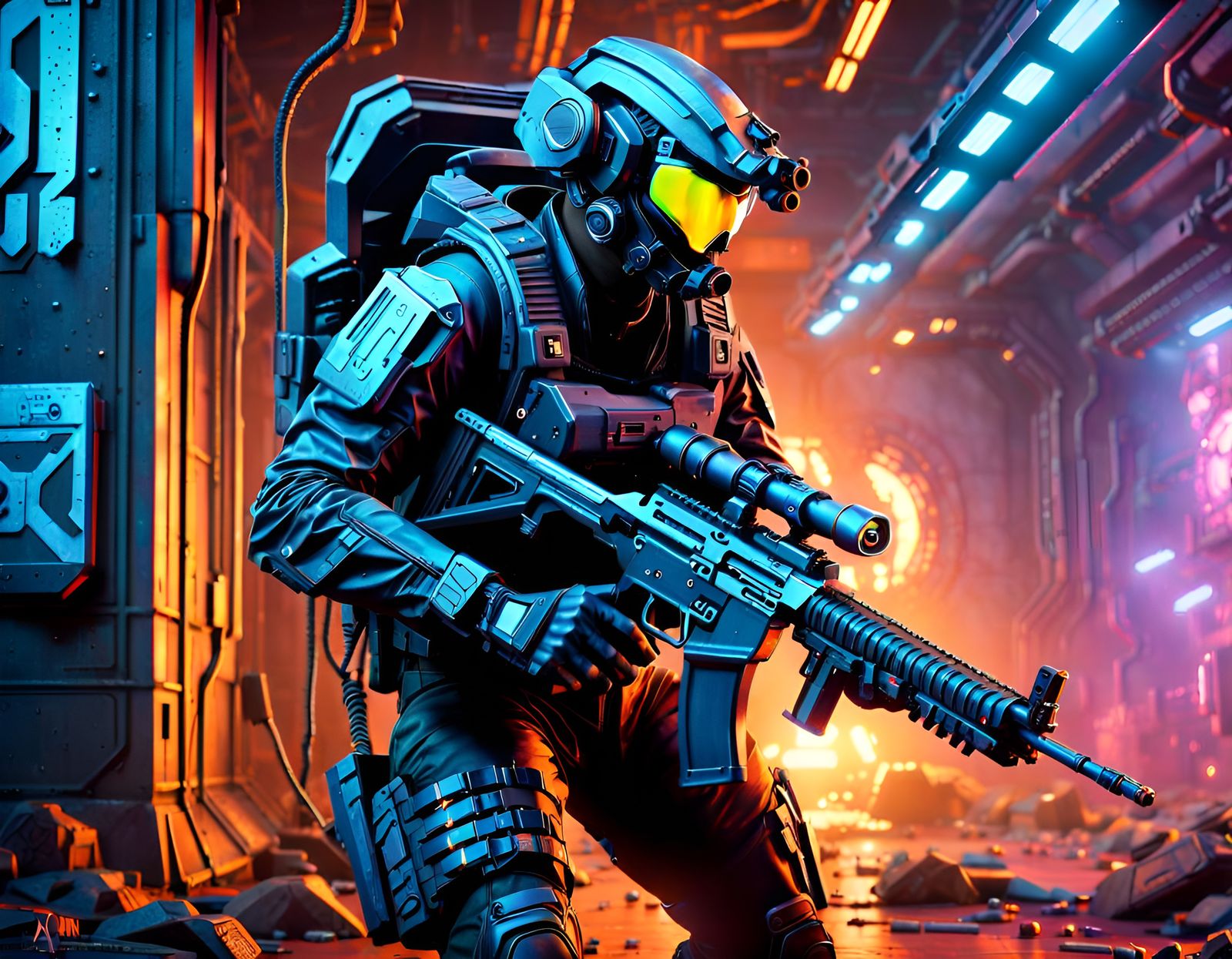 Cyberpunk Commando Under Alien Attack in Sci-Fi Horror