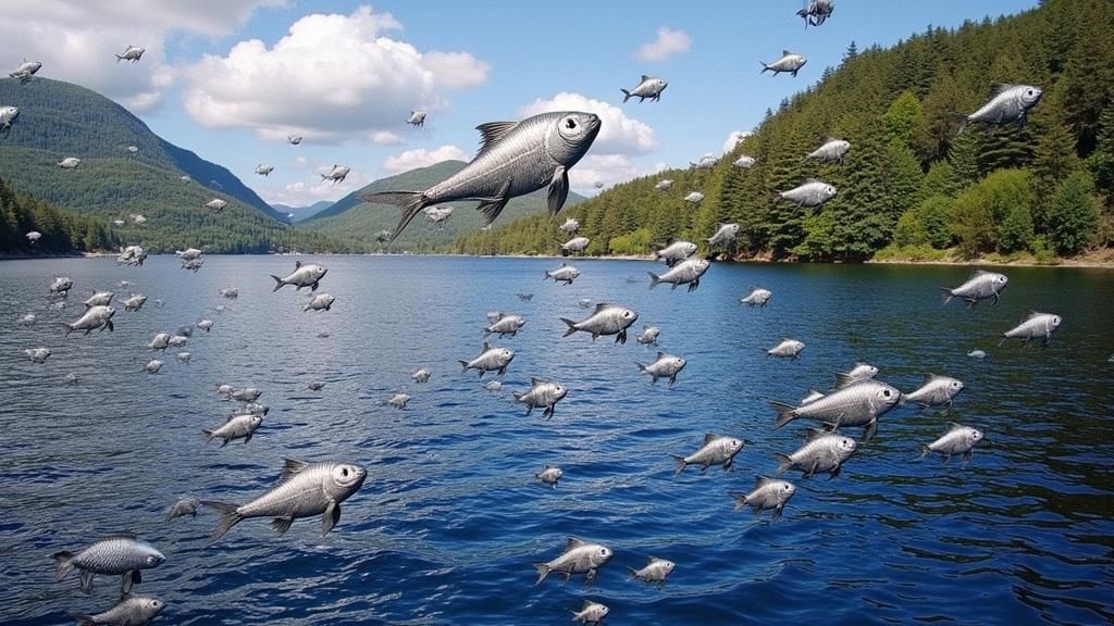 Whimsical Silver Fish Soaring in Surreal Sky