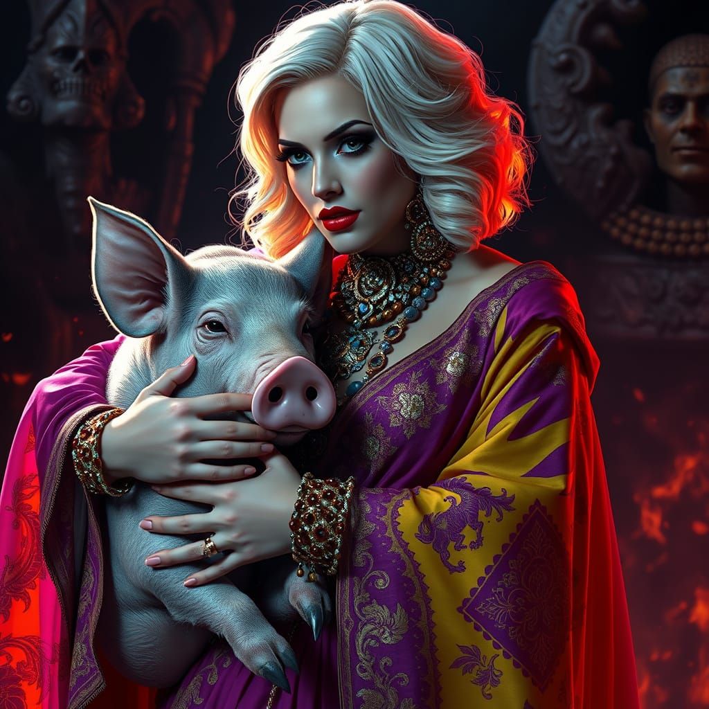 Madame Magma Embraces Pig Man in Dark Fantasy