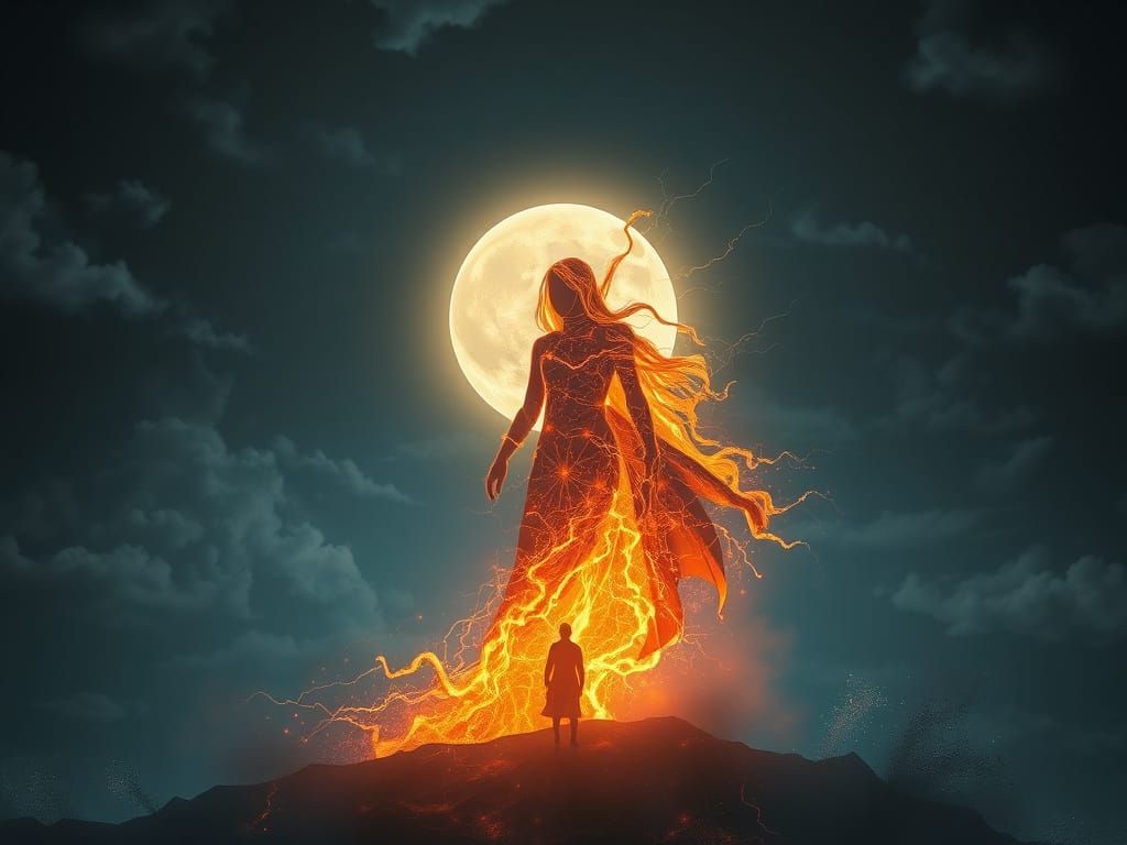 Mystical Figure in Cyberpunk Style with Ethereal Flames