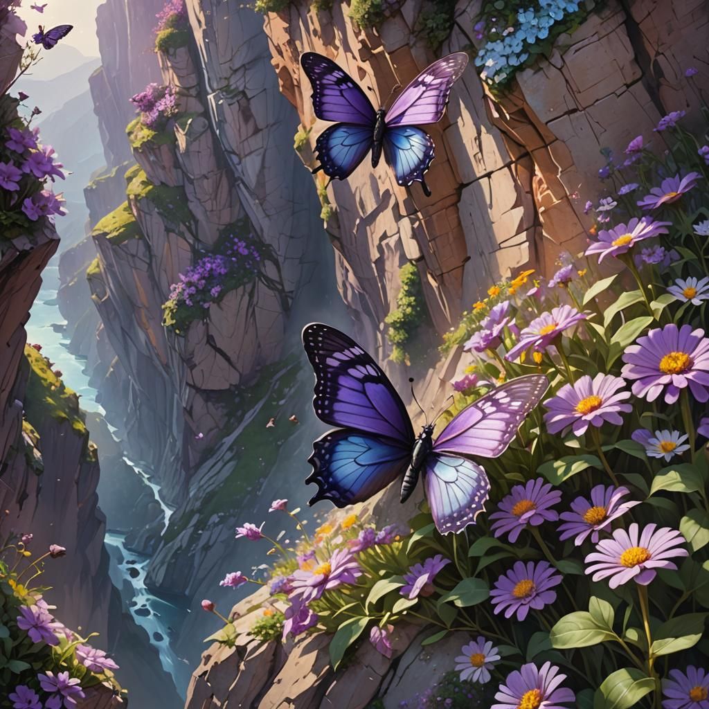 Purple Butterfly Flying Over Cliffside Flowers
