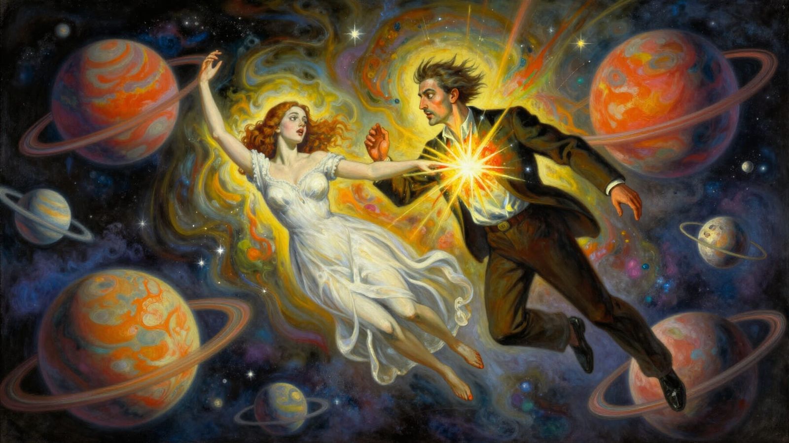 Surreal Cosmic Journey: Divine Spark Illuminates Couple
