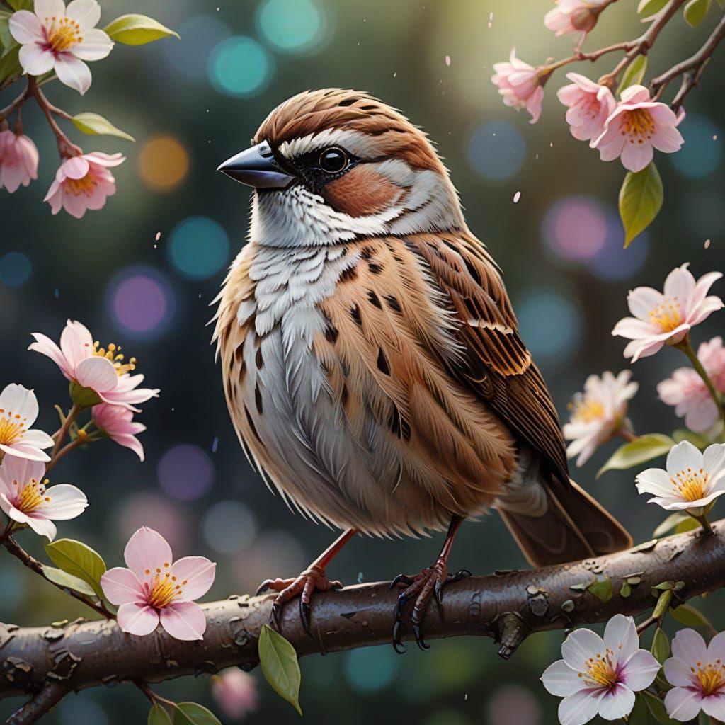 Cute Sparrow in Dreamy Fairytale Garden
