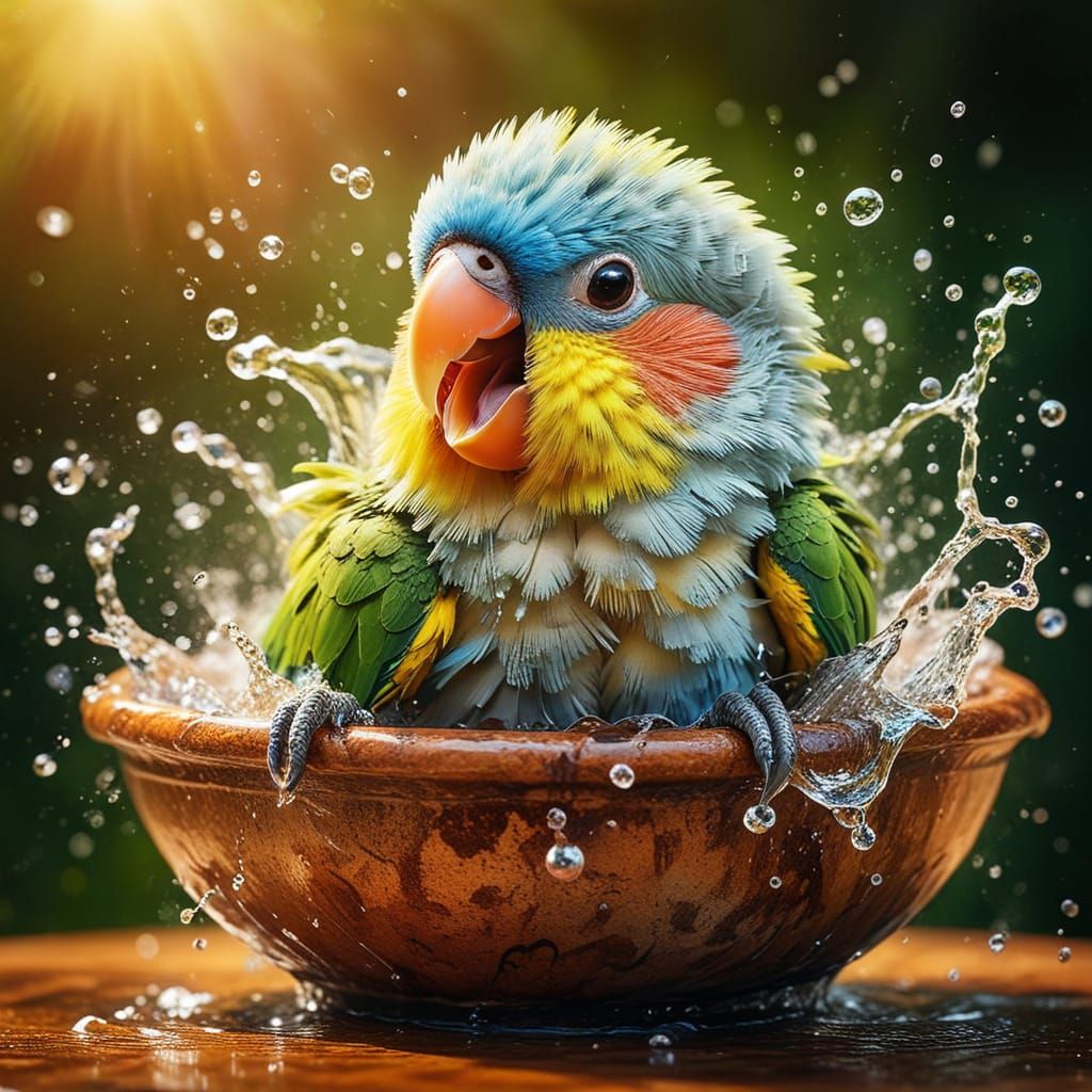 Happy Parrot Splashing in Birdbath: Fine Art