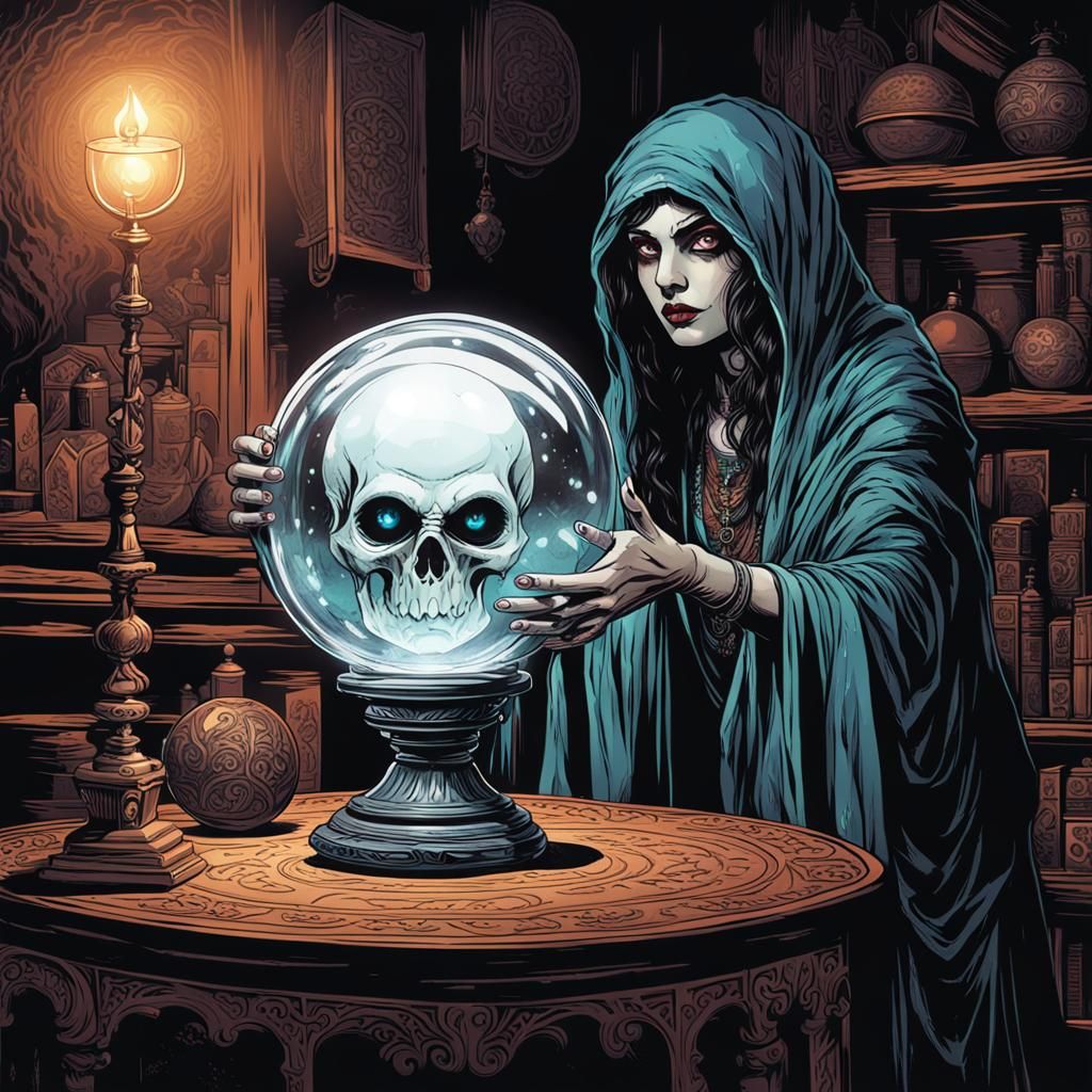 Mysterious Gypsy Woman Scrying a Crystal Ball