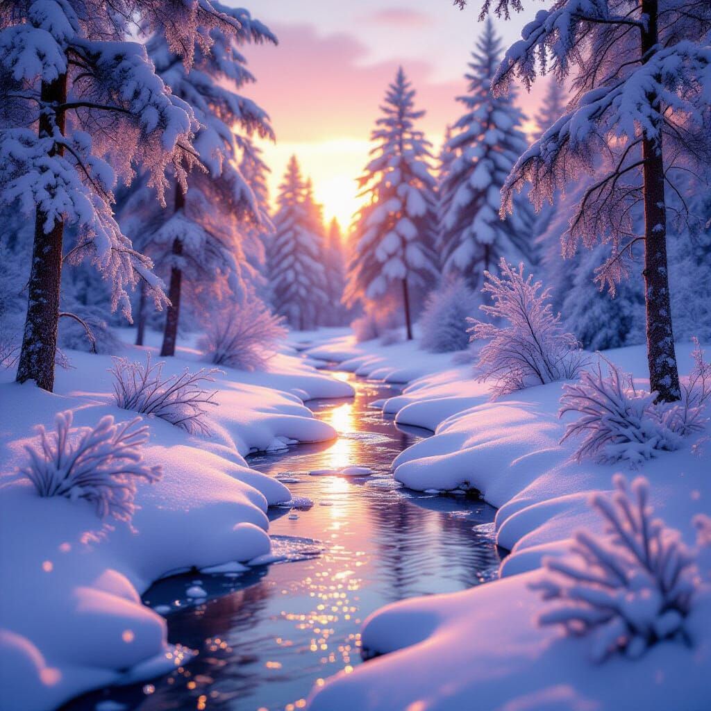 Enchanting Winter Forest at Sunset