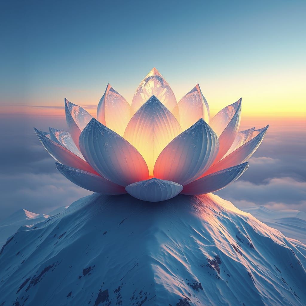 Ethereal Lotus Blooms on Snowy Peak in Dreamlike Surrealism