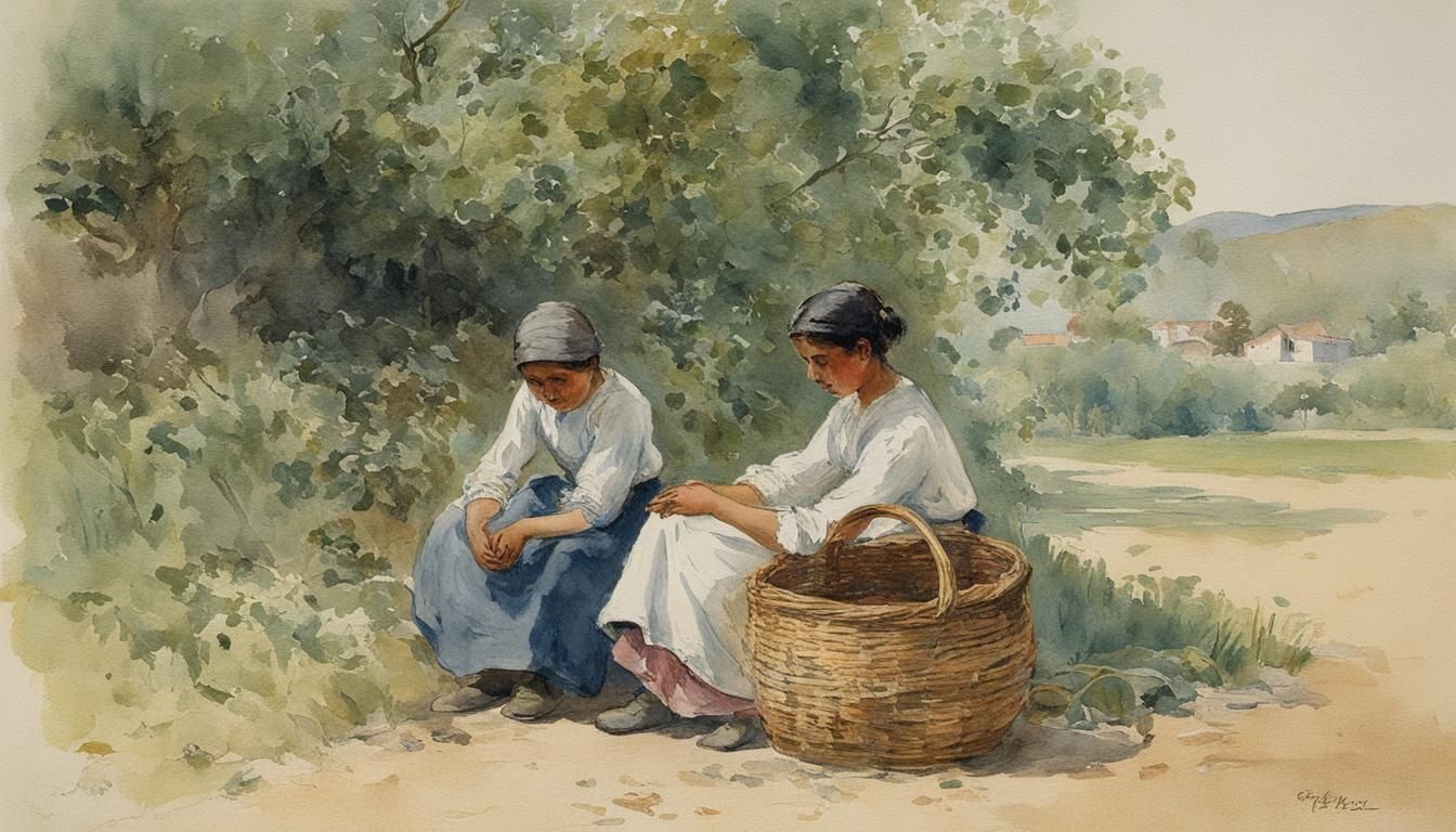 Fisherwoman with Basket in Watercolor Style