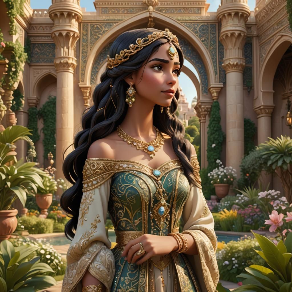 A 3D digital illustration in Disney Pixar style of an Arab princess standing in a lush, ornate garden with a majestic pa...
