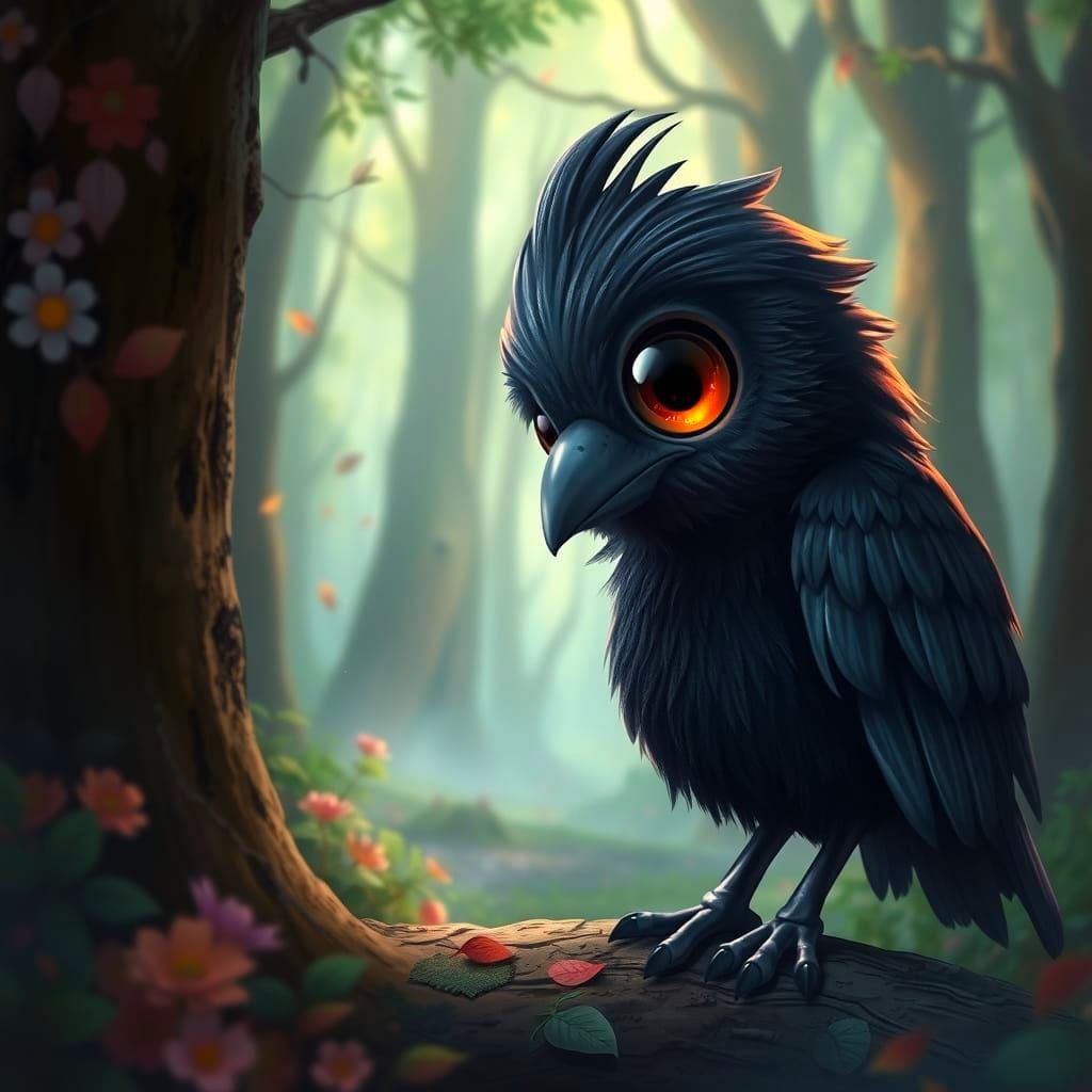 Chubby Raven in Magical Forest: Detailed Matte Painting