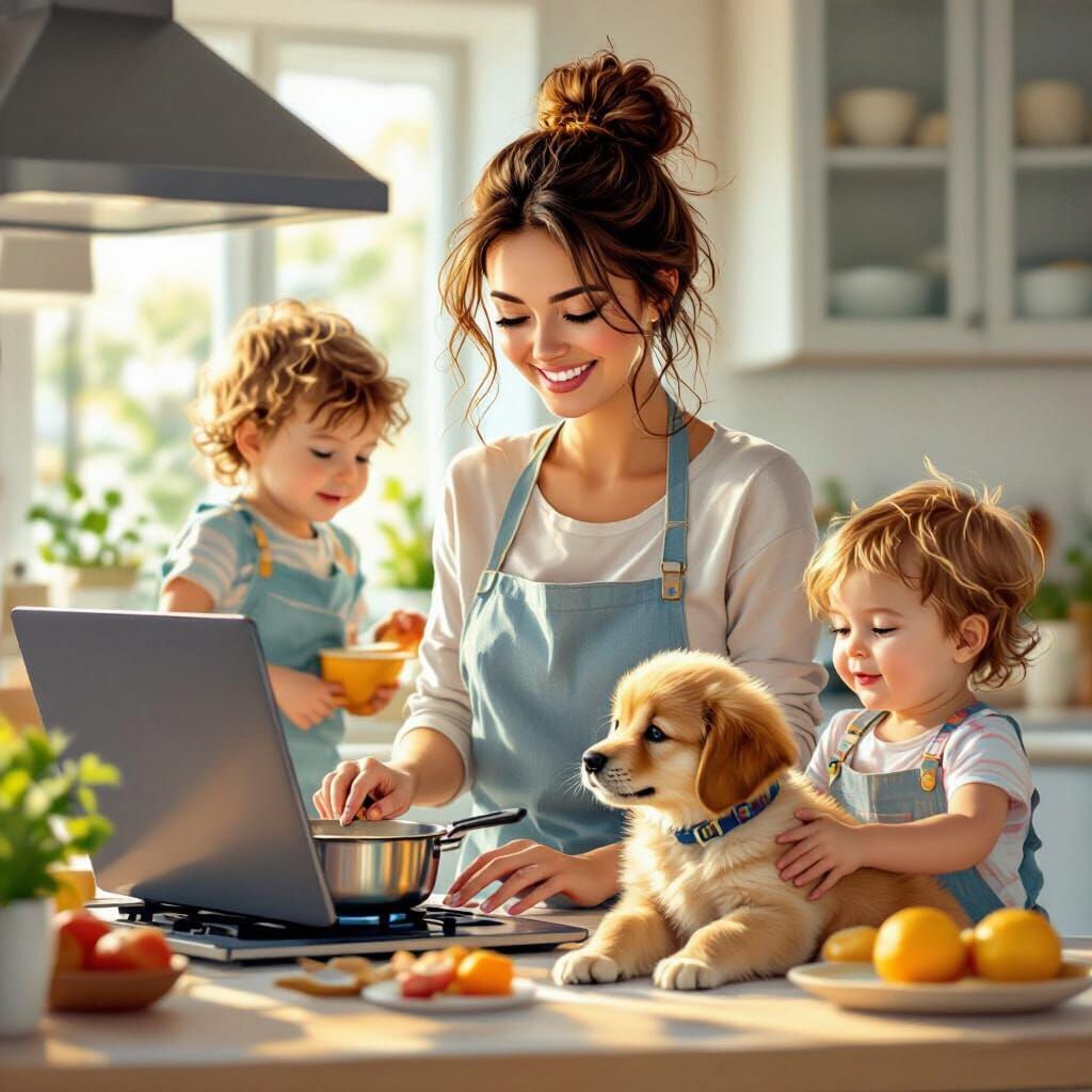 Woman Multitasking at Home: Work, Cook, Play, Parent