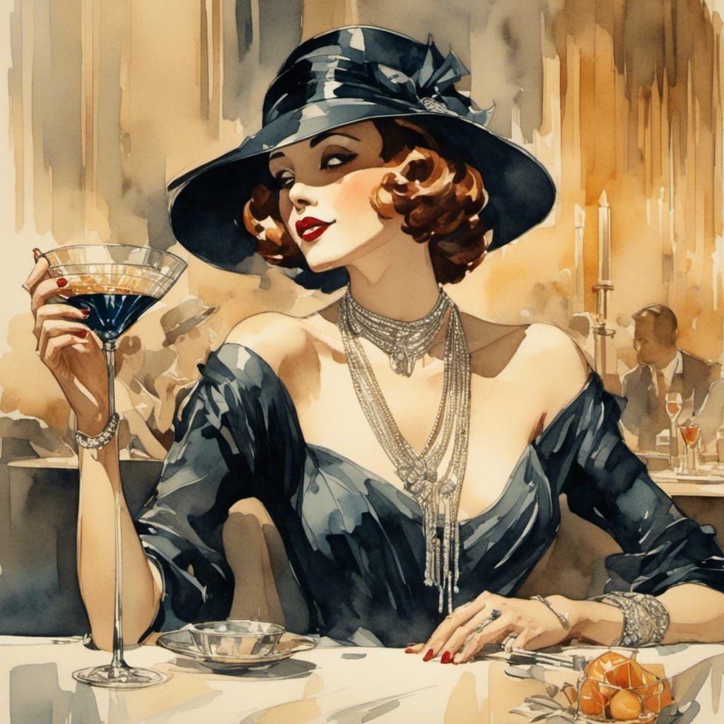 Elegant Woman Sipping Cocktail in Art Deco Style