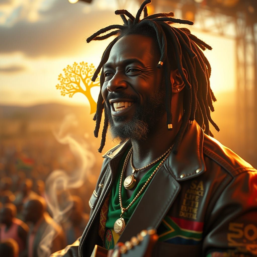 Hyper-Realistic Portrait of Lucky Dube in Resilient Stage Pe...