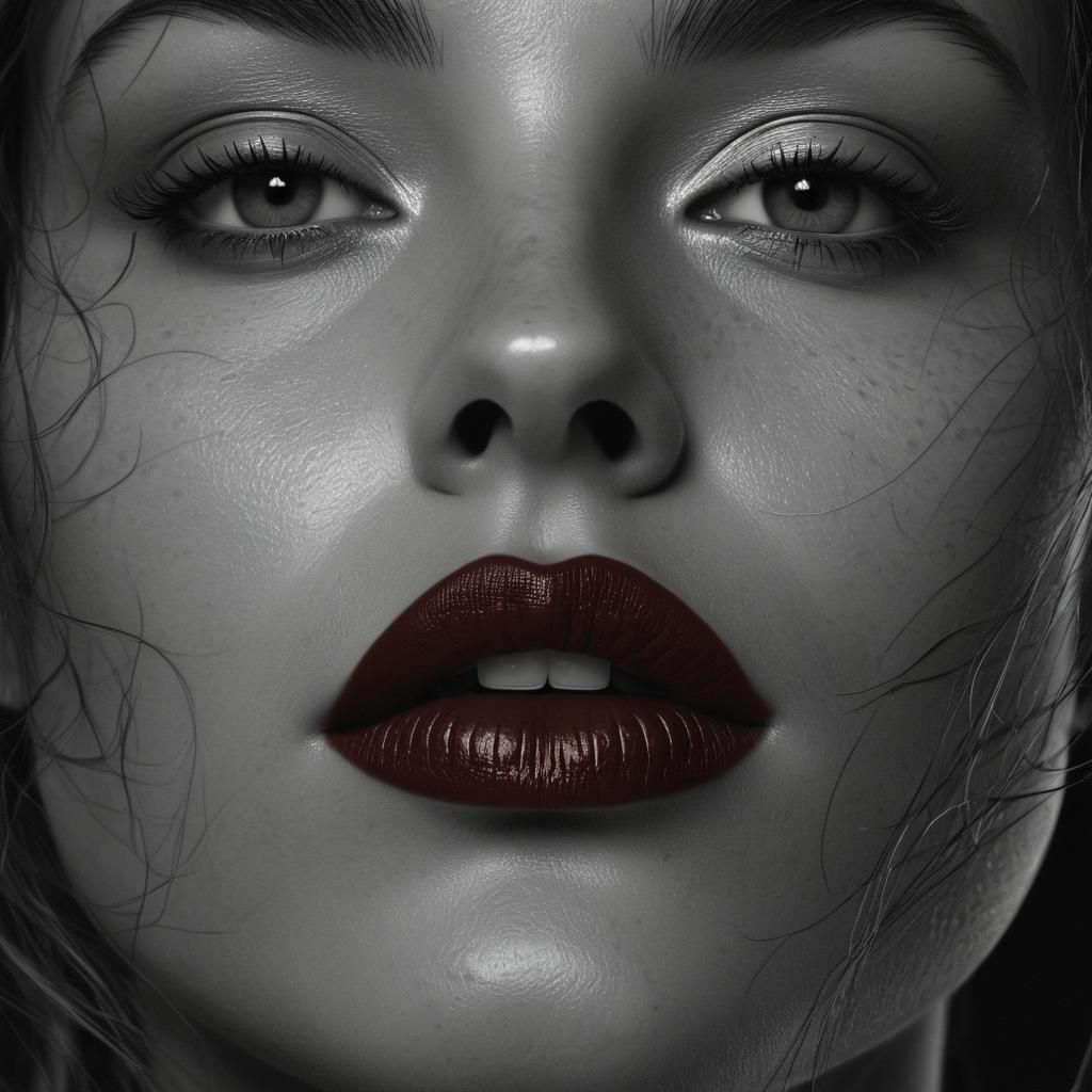 Baroque Portrait: Red Lips in Black and White