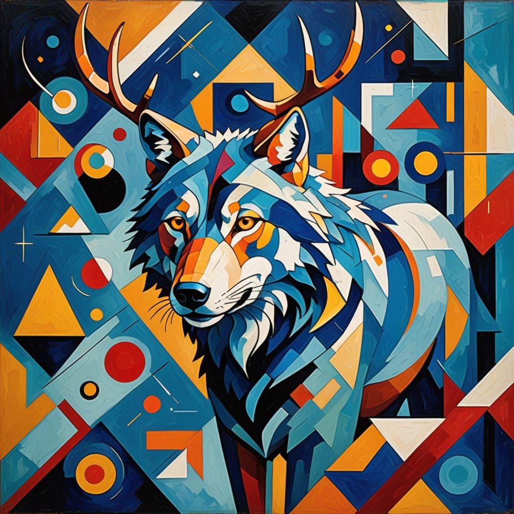 Cubist Wolf in Hall with Silver Antlers
