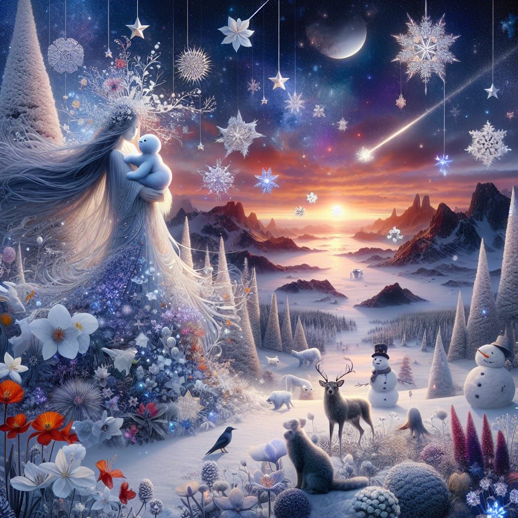 Winter Goddess Surrounded by Snowflakes and Celestial Wonder...