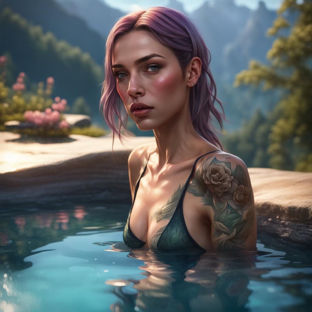 Hyperrealistic Tattooed Woman in Mountain Pool