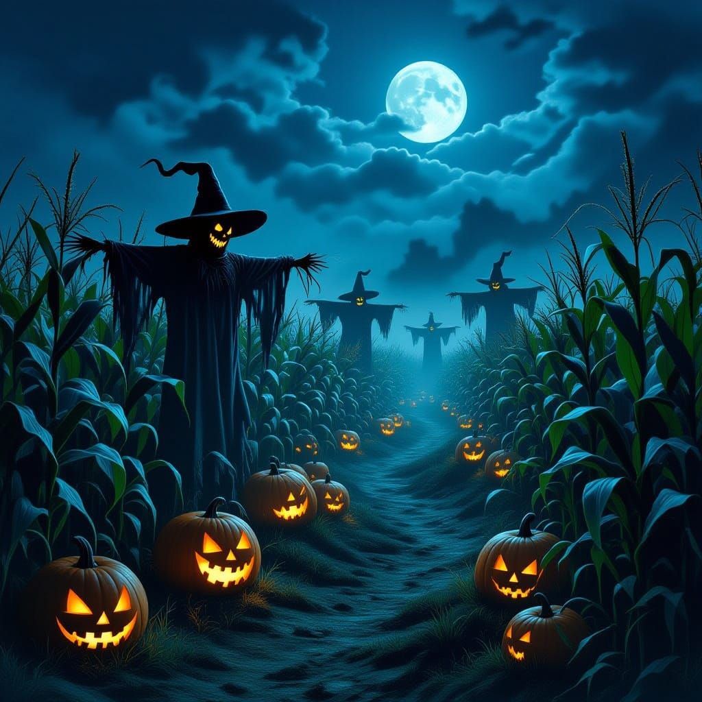 Haunted Corn Maze at Night with Ghostly Scarecrows