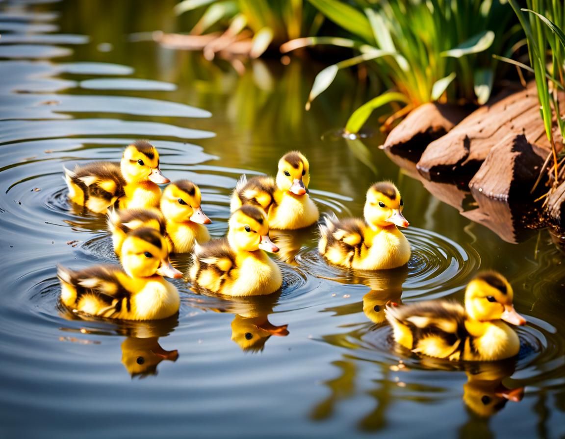 Cute Yellow Ducklings in River: Macro Photograph