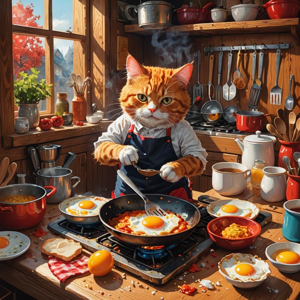 Red Cat Cooking Egg in Vibrant Kitchen