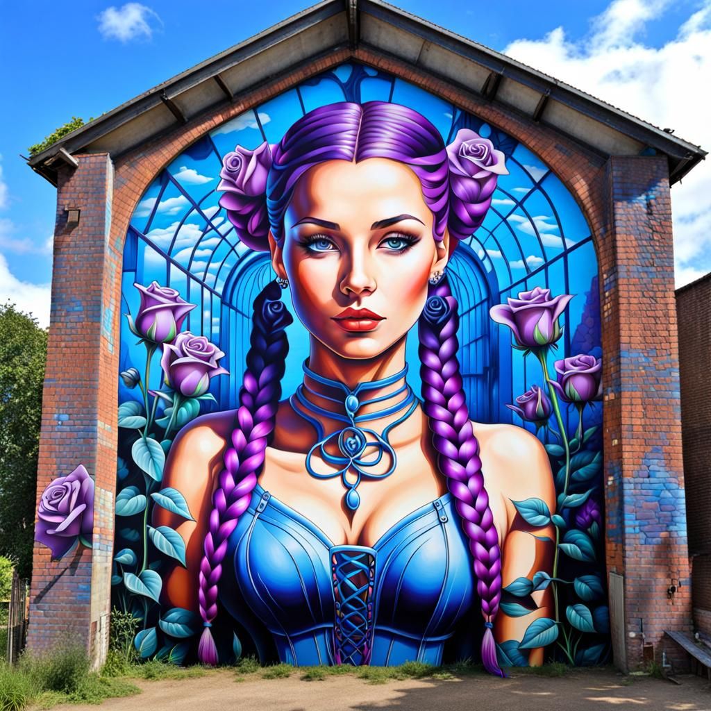 3D Mural of Braided Girl with Blue Roses