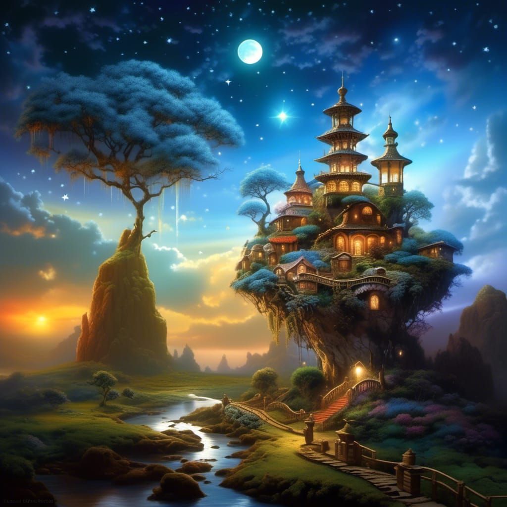 Luminescent Crystal Treehouse Under Twinkling Stars