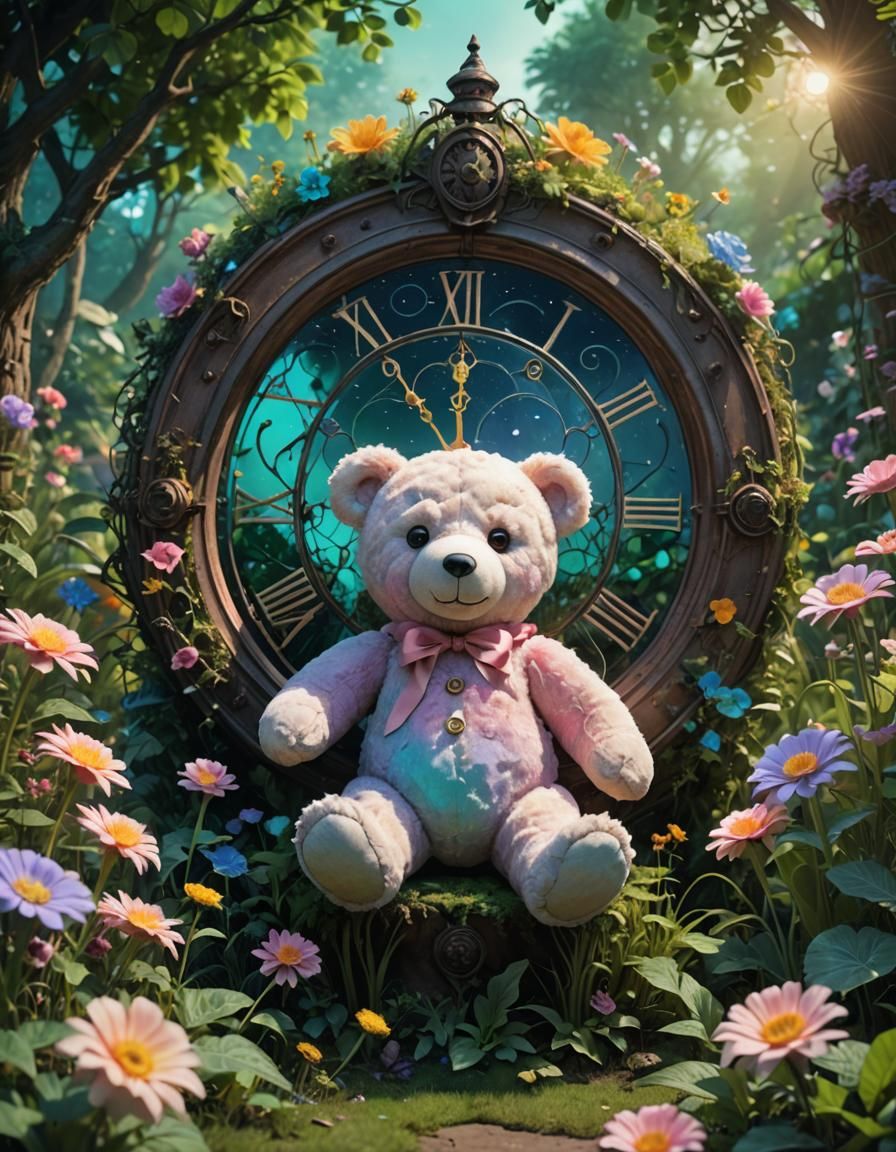Fairycore Garden Scene with Teddy Bear in Pastel Colors