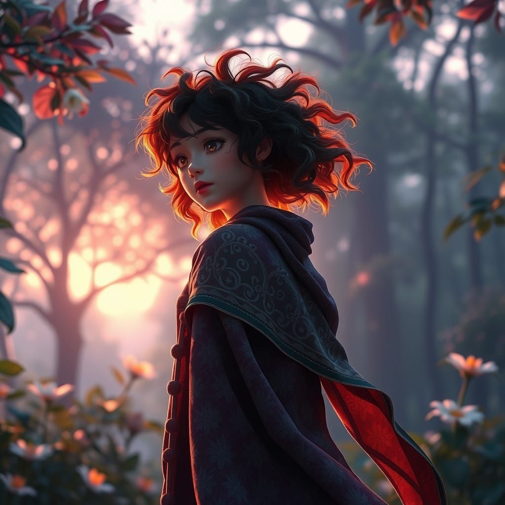 Anime Style Woman in Forest at Dusk