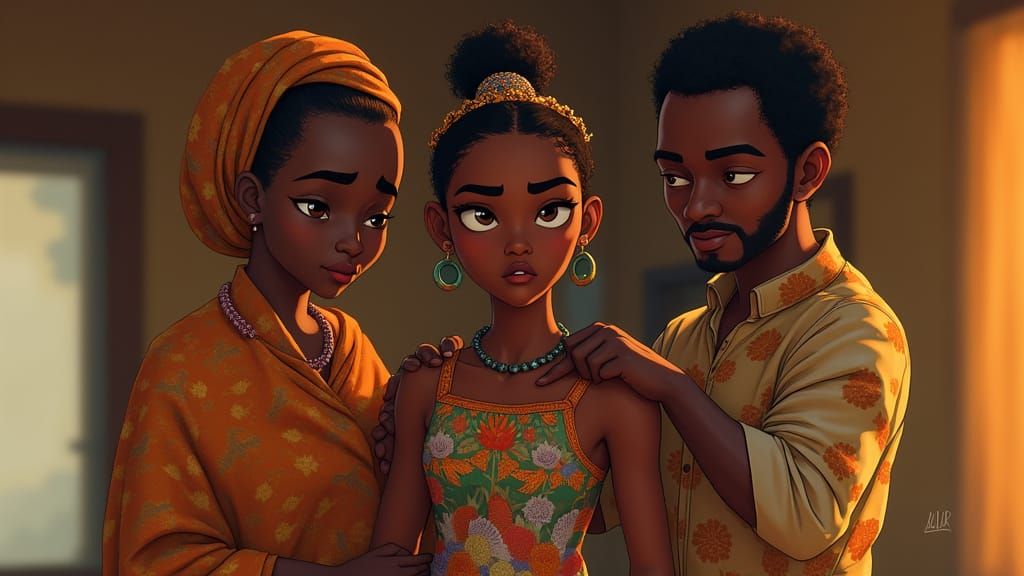 African Teen Girl Surrounded by Love in Traditional Village