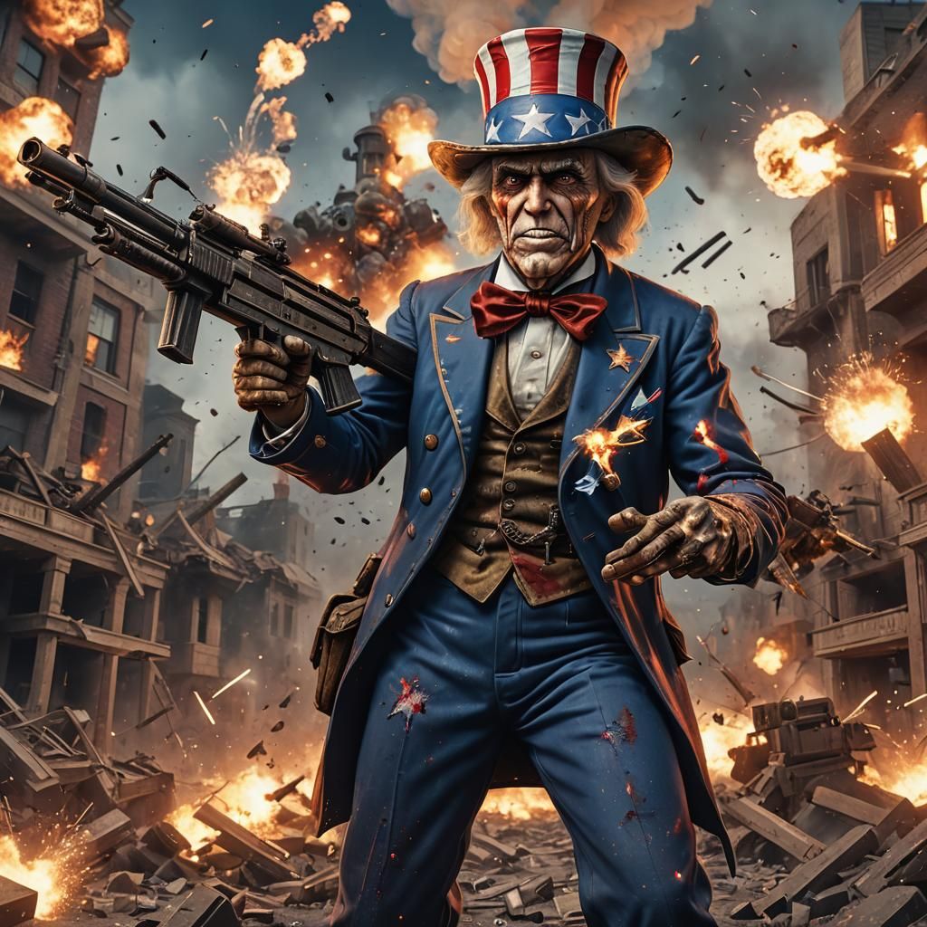 Uncle Sam with Machine Gun in Explosions