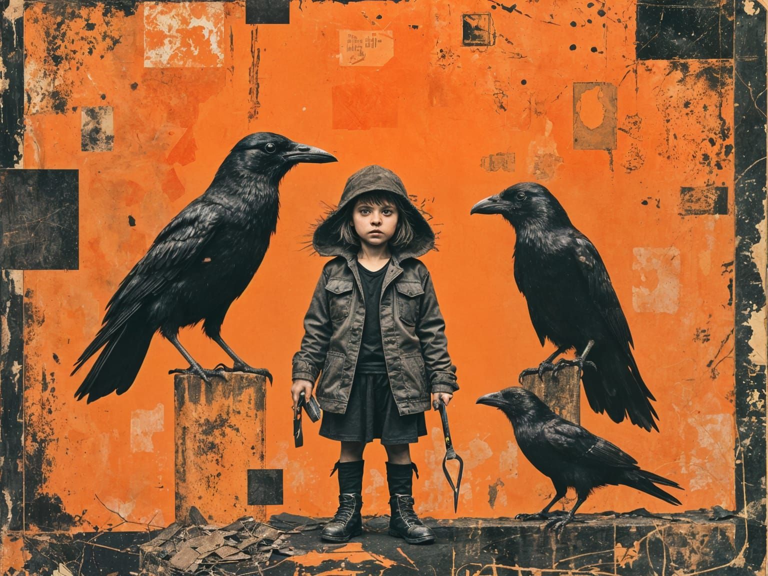 Gritty Grunge Scene: Tiny Human, Crow, and Scissors