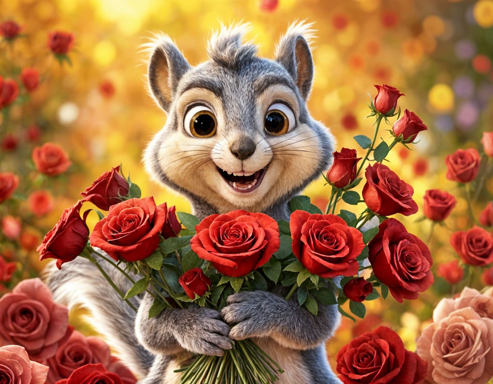 Funny Cartoon Squirrel at Funeral with Roses