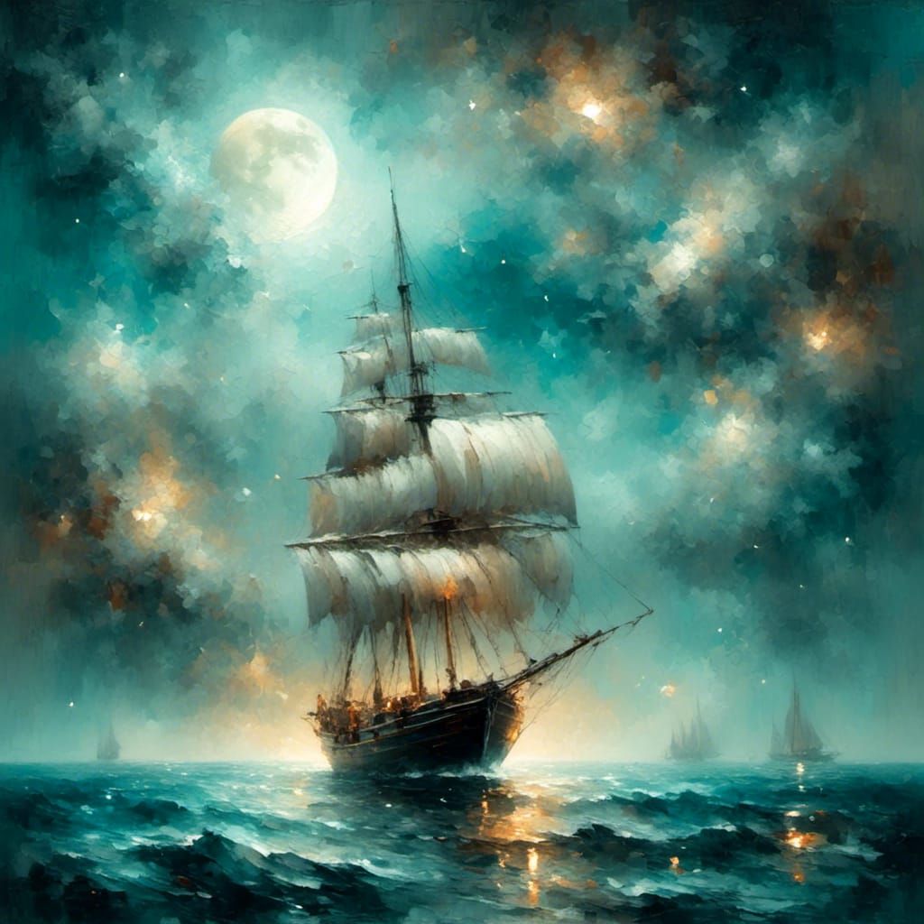 Silver Moon Boat Sails Starry Sea: Surreal Oil Painting