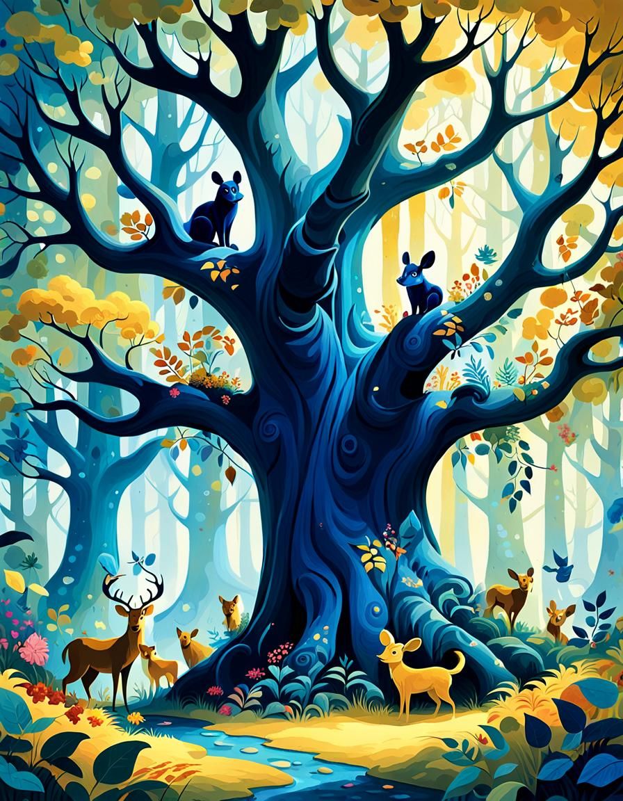 Whimsical Forest Gathering in Vibrant Oil Painting Style