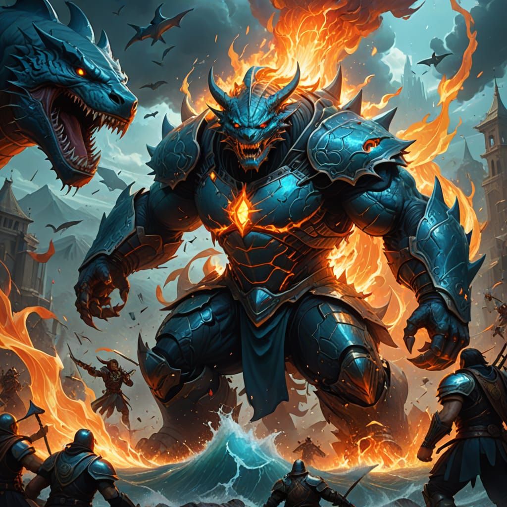 Epic Sci-Fi Battle: Water and Fire Titans Clash