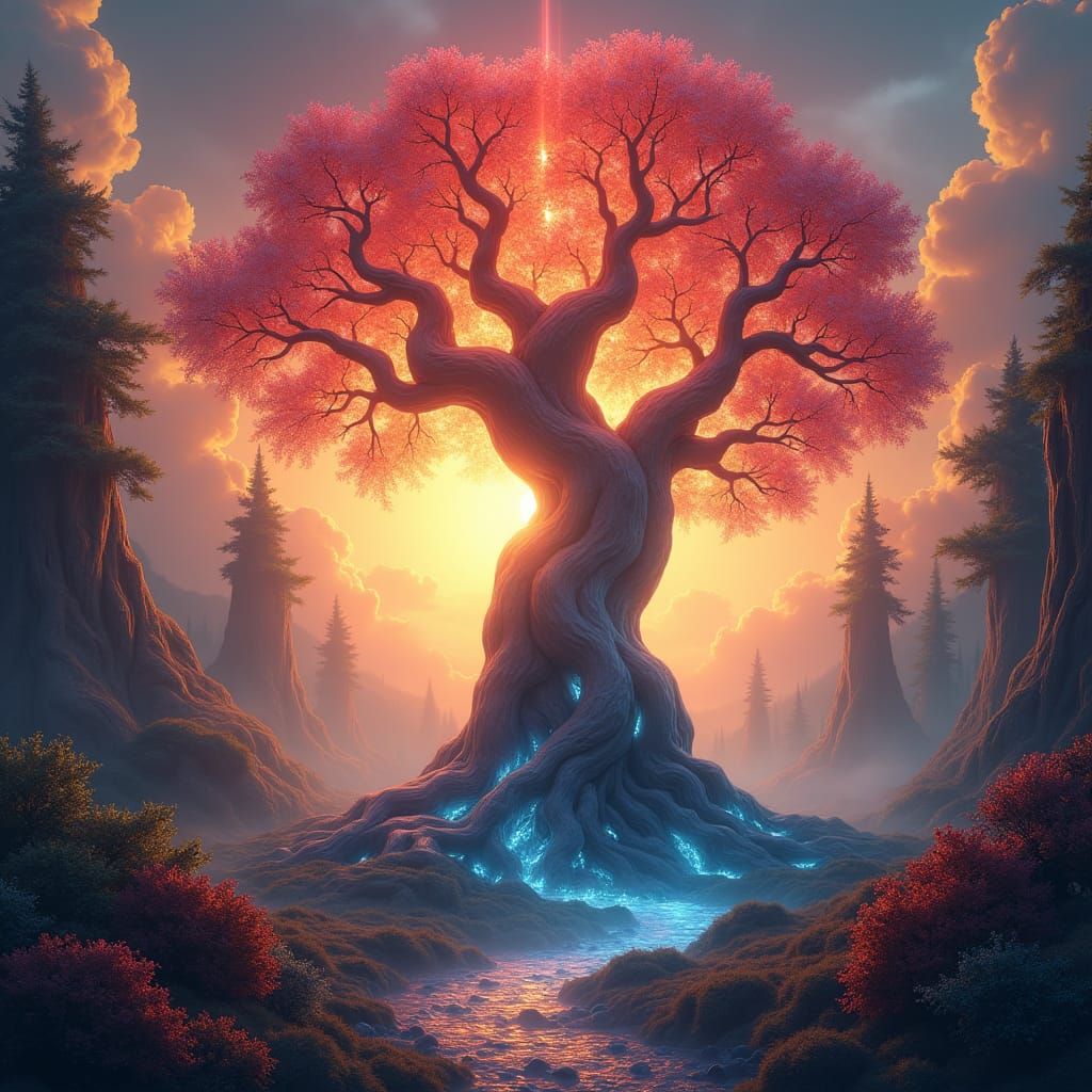 Ethereal Tree Under Fiery Sky: Fantasy Concept Art