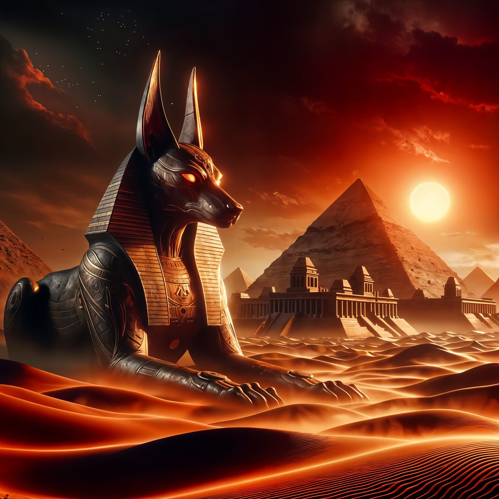 Ancient Egyptian God Anubis Reigns Over Majestic Pyramids