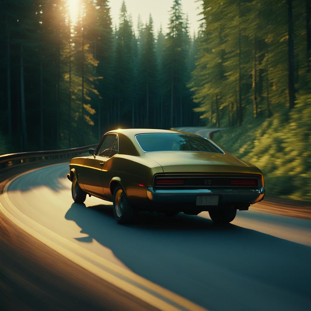 Sunset Drive Through Forest: Hyper-Realistic Digital Art