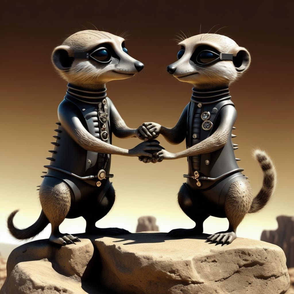 Surreal Meerkat Lovers in H.R. Giger-Inspired Steampunk Scen...
