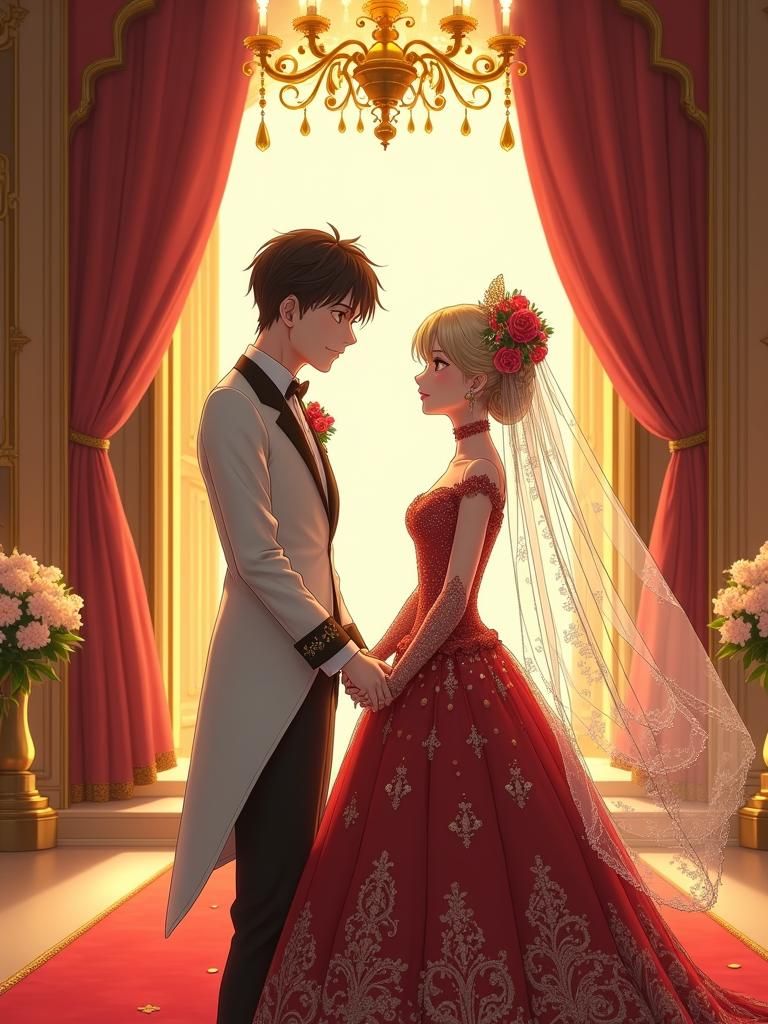 Anime Style Couple in Wedding Dresses at Grand Hall