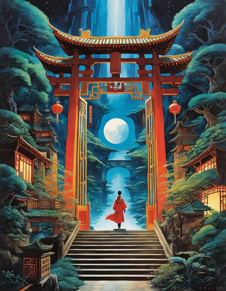 afrofuturism, chinese painting, gate