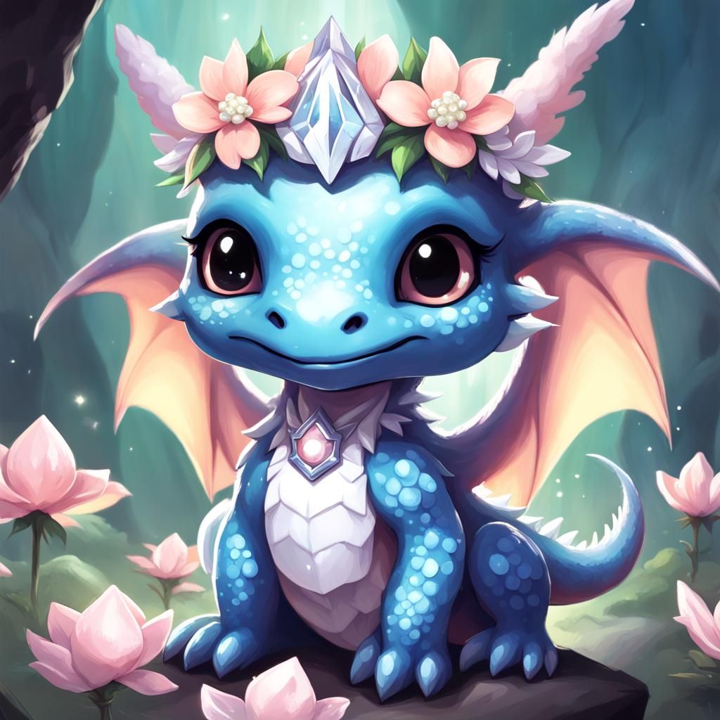 Cute Chibi Dragon with Diamond and Flower Crowns