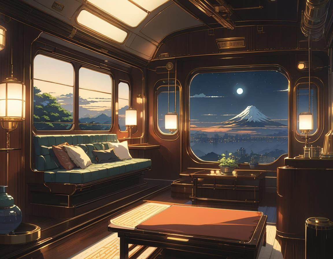 Luxurious Sci-Fi Train Lounge in Anime Style