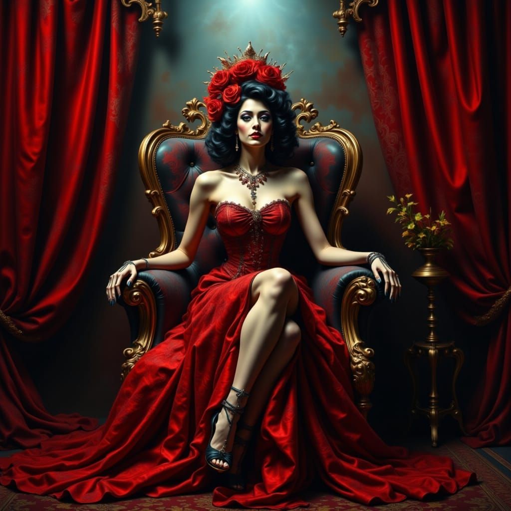 Skeleton Burlesque Dancer in Red Silk Dress