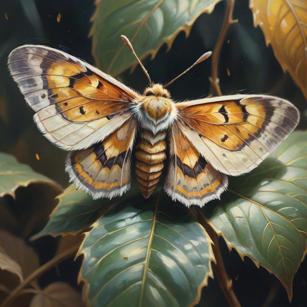 Moth on Leaf in Impressionist Oil Painting