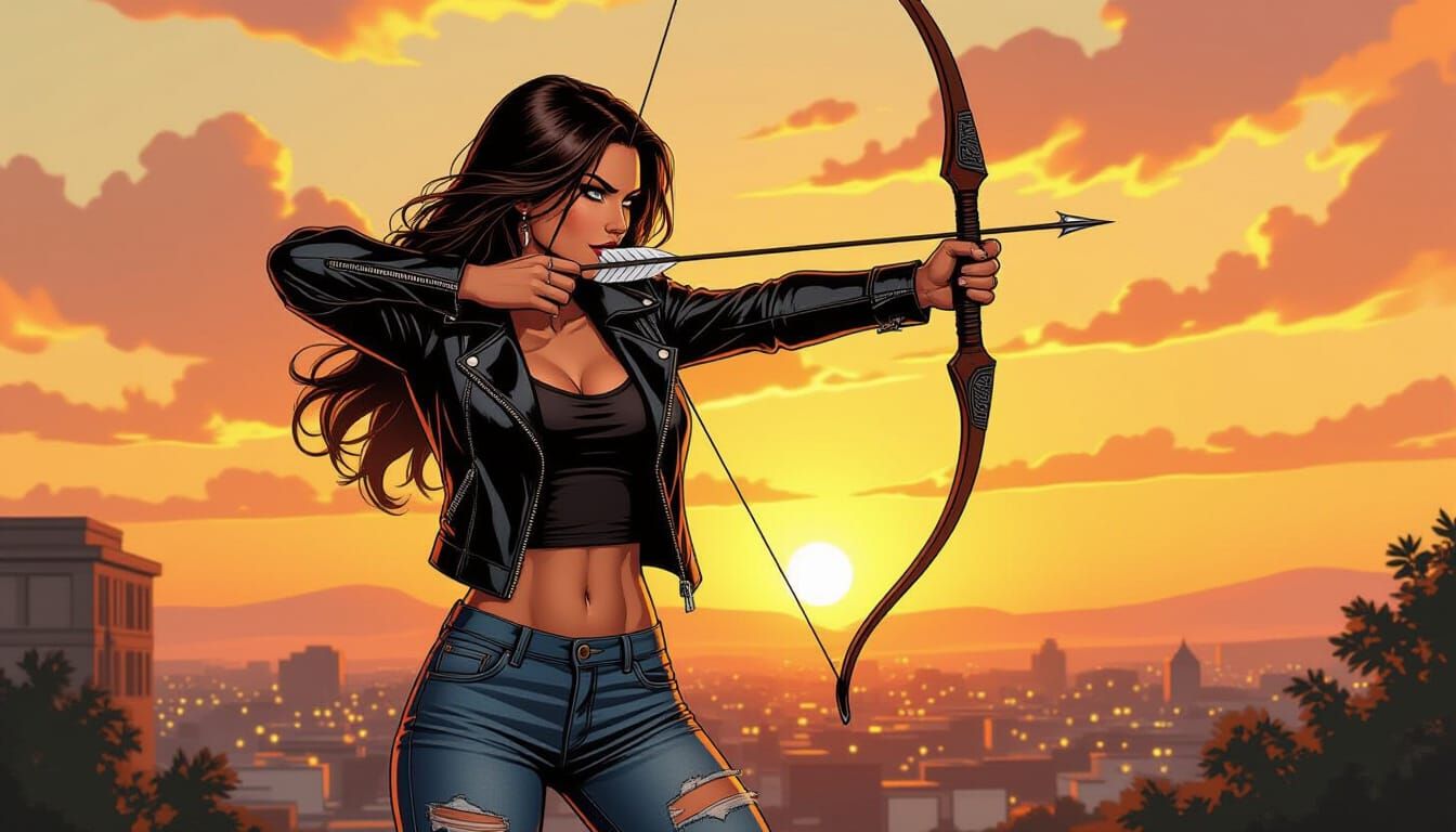 Muscular Cupid Aims Bow at Woman in Leather Jacket