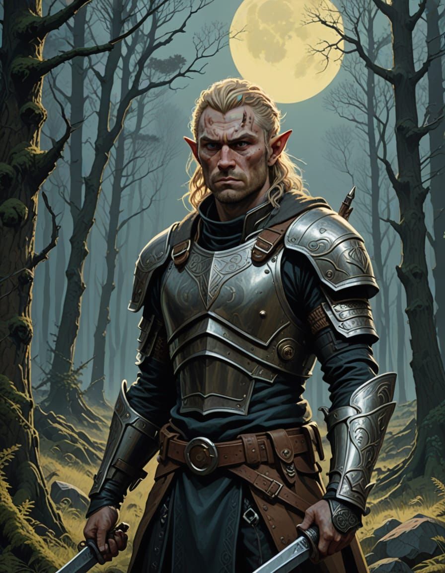 Mystical Elf Warrior in Moonlit Forest